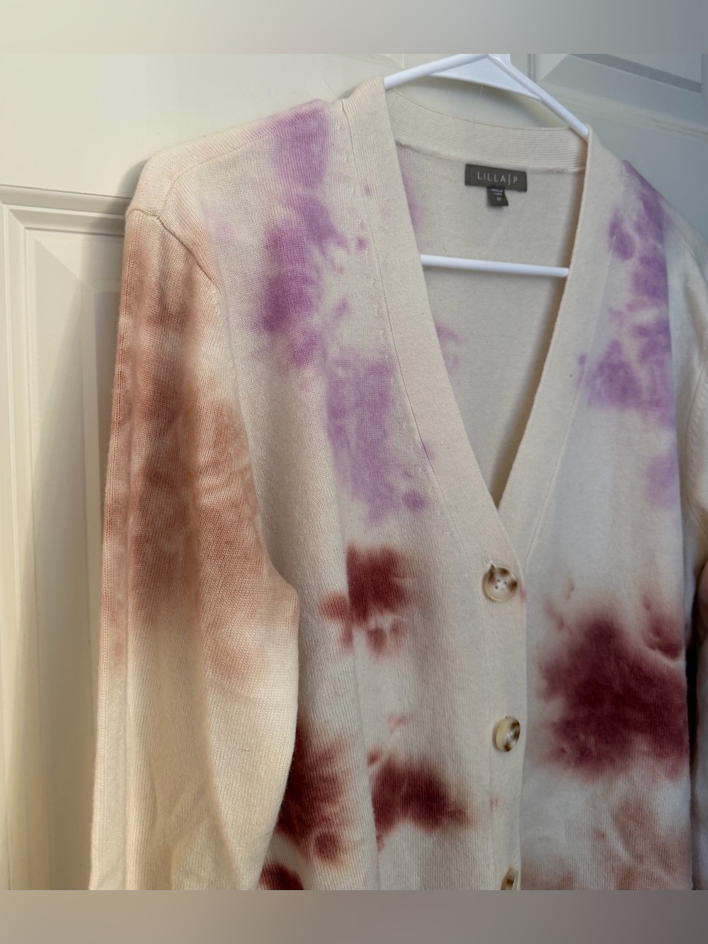 Lilla P Wool Cashmere Tie Dye Cardigan, Ivory/Rust/Purple, Size M - Picture 2 of 12
